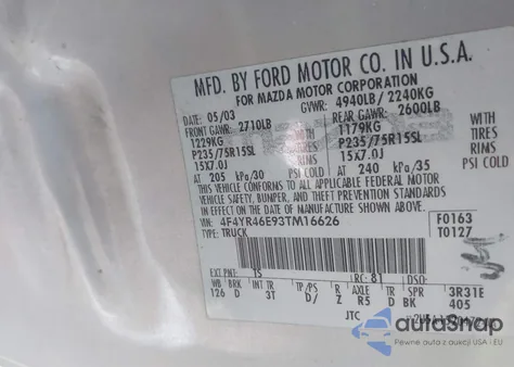 2003 Mazda B4000 Ds z USA, uszkodzony, nr VIN 4F4YR46E93TM16626